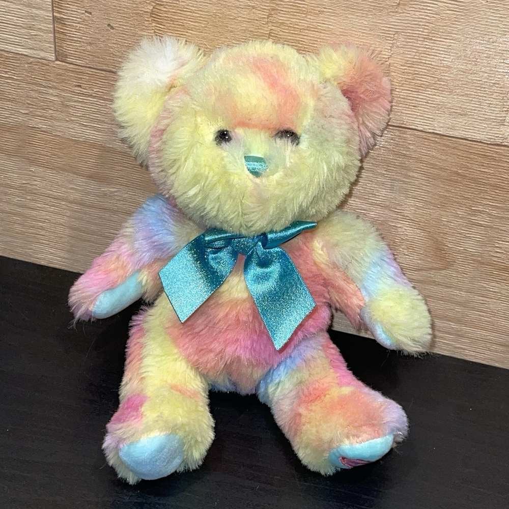 Hug Fun Classic Pink Pastel Rainbow Color Bear Plush Stuffed Toy 10 Inch